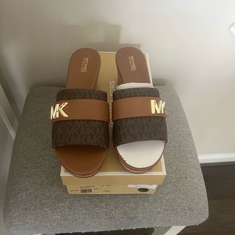 Michael Kors Brown and Tan Wedge Sandals